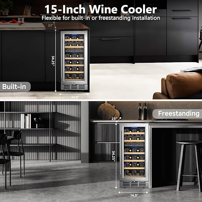 15 Inch Dual Zone Wine Refrigerator, 29 Bottle Under Counter Wine Fridge, Wine Refrigerator for Built-In or Freestanding, Wine Cooler with Removable Shelves, Double-Layer Glass Door, for Home-Ruum Studio Home