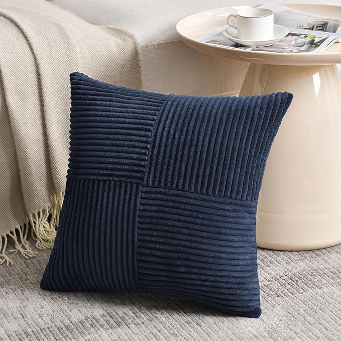 Fancy Homi 2 Packs Navy Blue Euro Decorative Throw Pillow Covers 26x26 Inch for Living Room Couch Bed, Farmhouse Boho Home Decor, Soft Corss Corduroy Patchwork Textured Square Cushion Case 66x66 cm-Ruum Studio Home