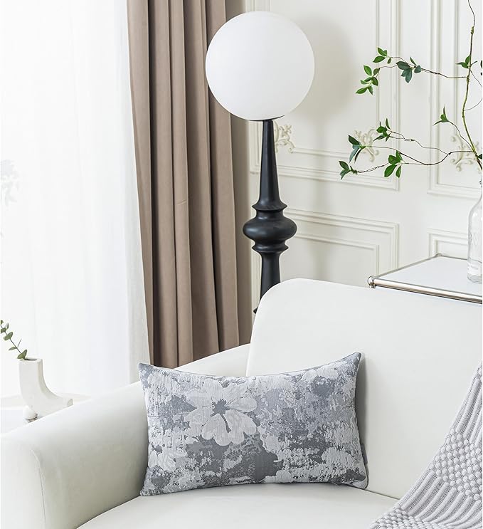 Jacquard Throw Pillow Covers 12x20 Inch Set of 2 - Vintage Floral Boho Pillow Cases with Botanical Pattern | Farmhouse Decor for Couch Living Room | Soft Textured Neutral Trio Slate Gray 12" x 20"-Ruum Studio Home