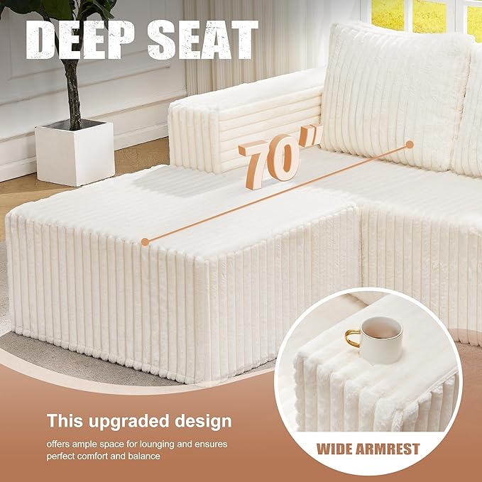 Hobestluk Modular Sectional Sofa Memory Foam Couch Oversized Sectional Sofa 3-Seater with Chaise Cloud Couch with Removable Cover L Shape Sofa for Living Room (Strip White, 3-Seater with Chaise)-Ruum Studio Home