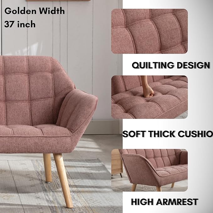 48”Small Loveseat Sofa, Modern Linen Upholstered Mini Couch 2-Seater Fluffy Love Seat with Quilting Backs and Wood Legs for Small Space Living Room, Bedroom, Pink-Ruum Studio Home