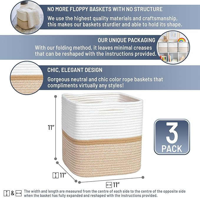 NaturalCozy Storage Cubes 11 Inch Cotton Rope Woven Baskets for Organizing, 3-Pack | Cube Storage Bin | Square Storage Baskets for Shelves Organizer, Classroom, Kids Toy Bins, Closet, Baby Nursery-Ruum Studio Home