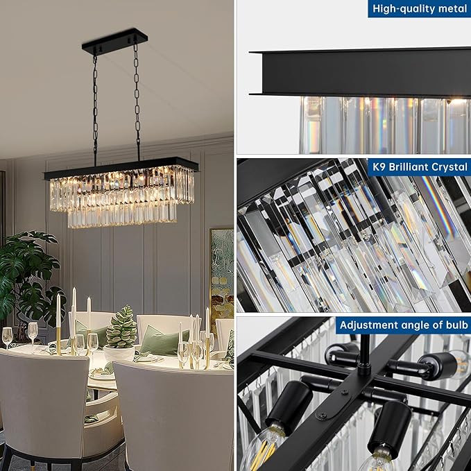 Black Crystal Chandeliers for Dining Room Light Fixtures Over Table，9-Lights Modern Rectangle Chandeliers for Kitchen Island Bar L28 Inch-Ruum Studio Home
