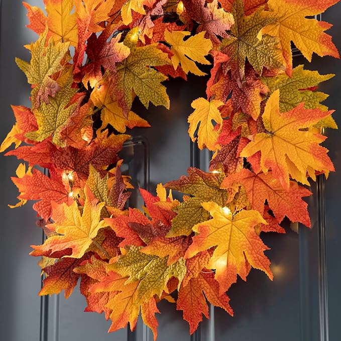 Glitzhome 24 Inch Pre-lit Fall Wreath, Autumn Wreath for Front Door, Lighted Maple Leaves Wreaths with Timer for Thanksgiving Halloween Christmas Wall Front Porch Home Decoration-Ruum Studio Home