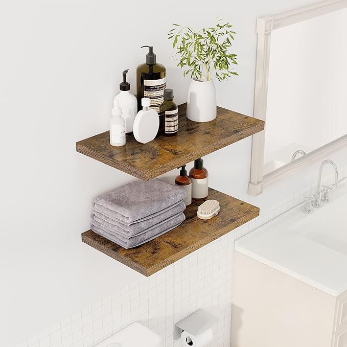 24" Floating Shelves for Wall, 12" Deep Slim Rustic Brown Floating Shelves, Wall-Mounted Shelves for Bedroom, Living Room, Kitchen, Bathroom - Set of 2-Ruum Studio Home