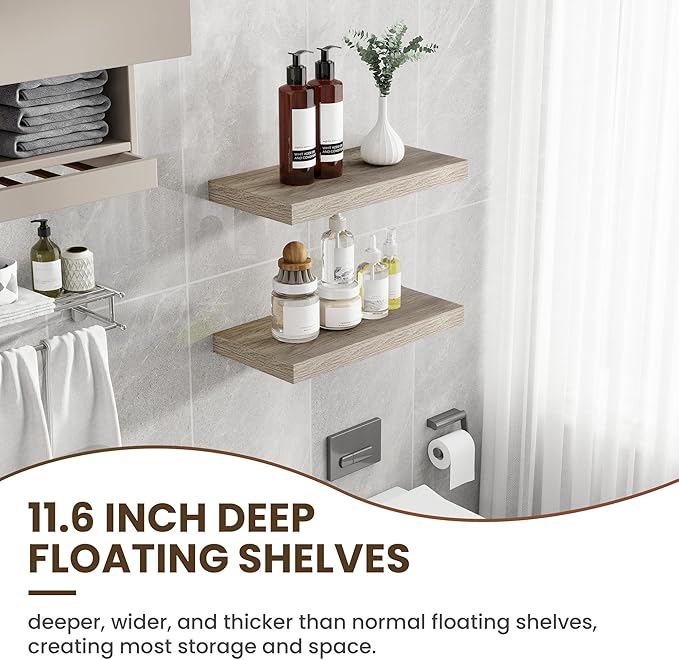 24 Inch Floating Shelves, 11.6 Inch Deep Floating Shelves for Wall, Floating Shelf with Invisible Brackets, Deep Shelves for Bathroom, Bedroom, Living Room, 2 Pack, Vintage Gray Oak-Ruum Studio Home