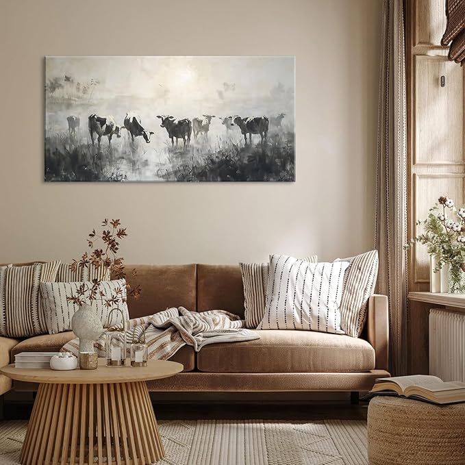 LASMOND Black and White Cow Wall Art for Living Room Ink Wash Canvas Painting Prints Morning Cattle Vintage Country Farmhouse Artwork Bedroom Office Decor (40x20 Inches)-Ruum Studio Home