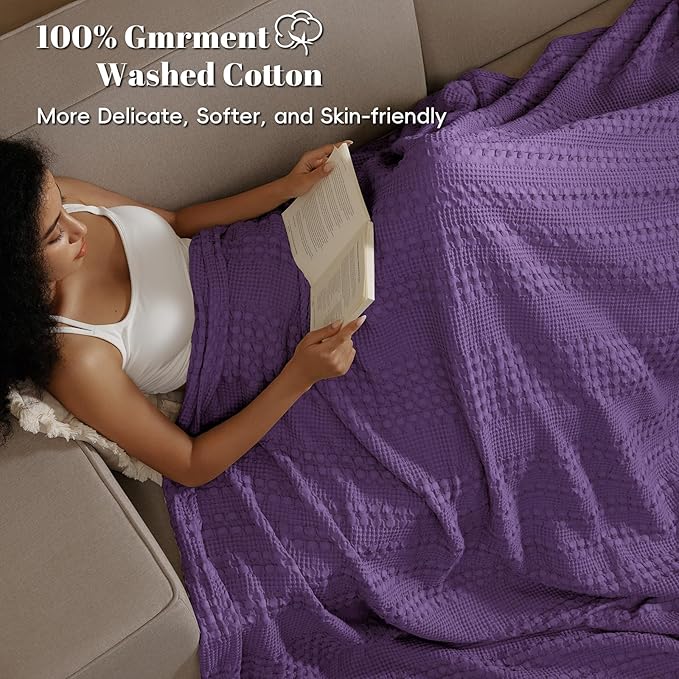 PHF 100% Cotton Waffle Weave Blanket Queen Size, Soft Lightweight Breathable Cozy Summer Blankets for Bed, Luxury Aesthetic Woven Bedding for Home Decor, 90"x90", Grape Purple-Ruum Studio Home