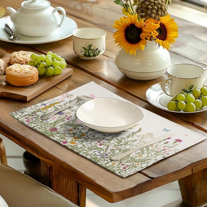Rustic Wildflower Floral Placemats Set of 4 Spring Summer Vintage Flowers Plants Herbs Linen Table Mats 12x18 Inch Seasonal Flower Decorative Place mats for Farmhouse Kitchen Dining Decoration-Ruum Studio Home