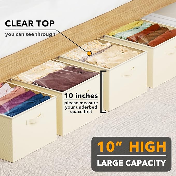 SpaceAid 4 Pack 10" High Under Bed Storage Containers, Large Underbed Storage Organizer Bins with Lids for Bedroom, Dorm, Clothes, Closet Organization, Bed Sheets and Blankets (Beige)-Ruum Studio Home