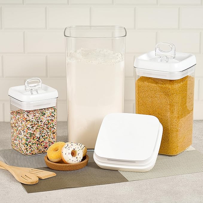 Felli Flip Tite Acrylic Food Storage Container with Lid 6” XL Air Tight Ring Seal Flip Top, Plastic Kitchen Baking Canister for 5 lb Flour Sugar Rice Protein Powder Pantry Organizer (Nest-M, White)-Ruum Studio Home