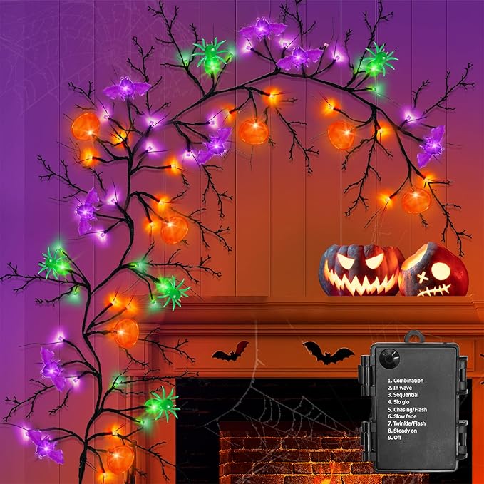 [8 Modes & Timer] 6 Ft Halloween Willow Vine Twig Decor Garland with Bats Pumpkins Spiders Lights, 54 LED Battery Operated Halloween Lights for Indoor Home Mantle Fireplace Decor-Ruum Studio Home