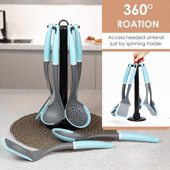 Kitchen Cooking Utensils Set, Non-Stick Spatula Set with Rotating Stand, 6 PCS Silicone Utensils Set for Cooking, 400°F Heat Resistant, Kitchen Gadgets with Nylon Handle & Stable Holder, Grey Blue-Ruum Studio Home