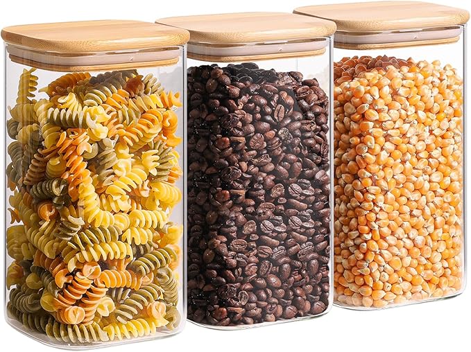 ComSaf 1.4 Qt Glass Storage Containers with Lids, Glass Jars with Lids, Clear Food Storage Jar, Square Canister Set of 3, Pantry Organizers and Storage for Flour Oat Pasta Tea Cookie Coffee Bean-Ruum Studio Home
