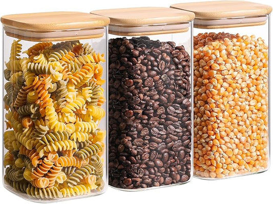 ComSaf 1.4 Qt Glass Storage Containers with Lids, Glass Jars with Lids, Clear Food Storage Jar, Square Canister Set of 3, Pantry Organizers and Storage for Flour Oat Pasta Tea Cookie Coffee Bean-Ruum Studio Home