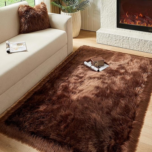 AMTOVO Faux Fur Sheepskin Rug for Living Room, 4 x 6 ft Coffee Fluffy Area Rug for Bedroom, Playroom, Luxury Room Decor, Rectangle-Ruum Studio Home