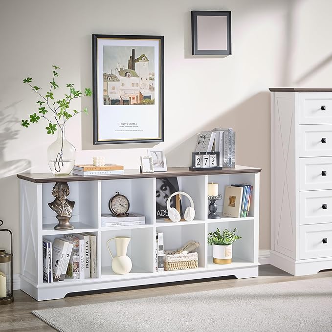 Farmhouse 8 Cube Bookshelf, White Storage Organizer Bookcase, Kids Toy Storage Cabinet, Long Bookshelves Storage Organizer Shelf, Wood Display Cabinet Book Shelves for Bedroom,Living Room,Office-Ruum Studio Home