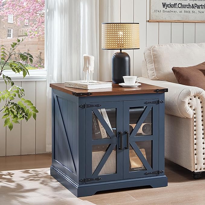 24" End Table with Charging Station, Farmhouse Night Stand with Glass Barn Door, White Nightstands with Adjustable Storage Shelf, Large Wood Square Bed Side Table for Living Room,Bedroom-Ruum Studio Home