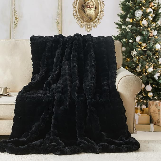 Lotus Karen Faux Fur Blanket - Black Twin Size, Big Bubble Rabbit Fluff, 60x80 Inches-Ruum Studio Home