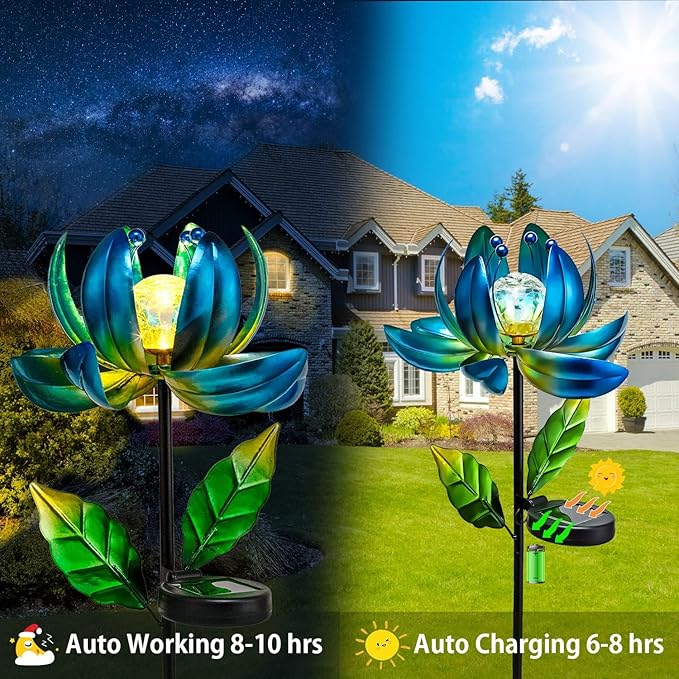 Solar Garden Lights Metal Flower Decor, Colorful Spinning Windmill Lotus Pathway Ligths with LED Cracked Crystal Ball Outdoor Decorative Stake Lighting Waterproof Flower Sculpture for Patio Yard-Ruum Studio Home