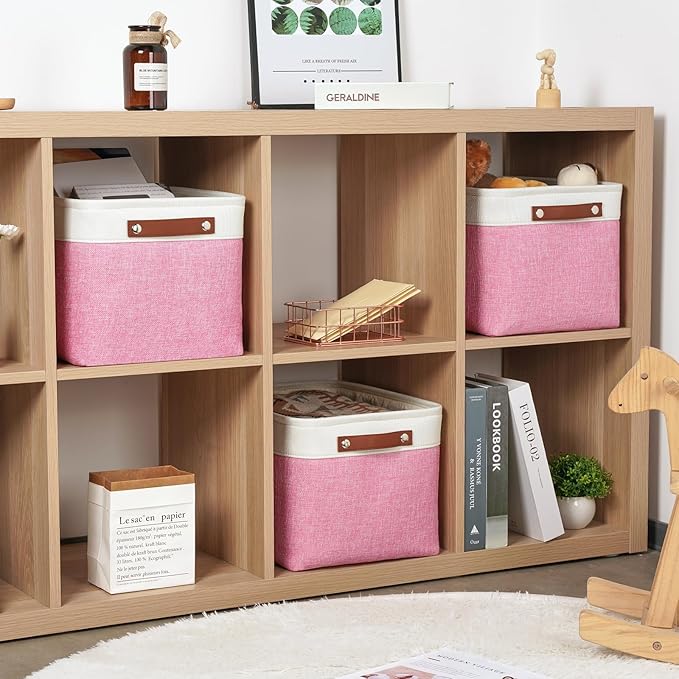 DULLEMELO Storage Baskets for Organizing, Shelves,Bedroom, Decorative Storage Bins with Faux Leather Handles, Fabric Storage Basket for Office, Toys(3-Pack, White&Pink)-Ruum Studio Home