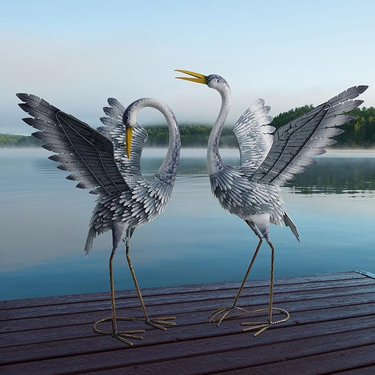 24-27 Inch Standing Crane Garden Sculptures & Statues, Crane Metal Yard Art for Backyard, Lawn, Patio, Porch, Birthday, Wedding Decorations, Gray-Ruum Studio Home