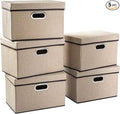 PRANDOM Collapsible Storage Containers with Lids [5-Pack] Jute Fabric Foldable Storage Bins Boxes Organizer Baskets Cube with Cover for Home Bedroom Closet Office Nursery (14.9x9.8x9.8)-Ruum Studio Home