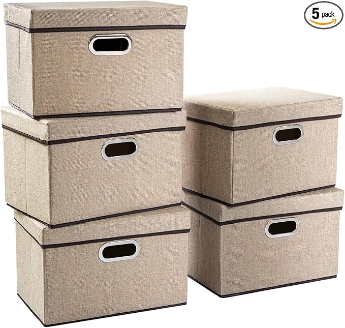 PRANDOM Collapsible Storage Containers with Lids [5-Pack] Jute Fabric Foldable Storage Bins Boxes Organizer Baskets Cube with Cover for Home Bedroom Closet Office Nursery (14.9x9.8x9.8)-Ruum Studio Home