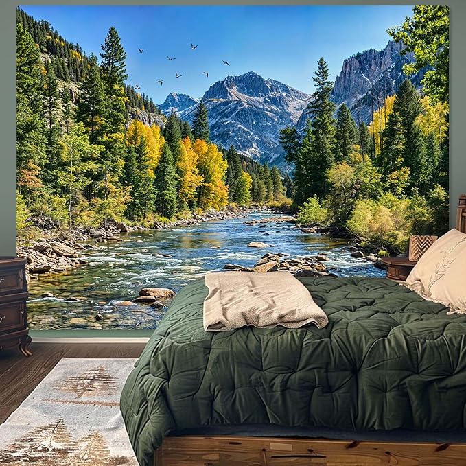 AMM Nature Forest Mountain Tapestry Green Pine Tree Tapestry for Bedroom Aesthetic Flowing River Landscape Tapestries Wall Hanging Bird Decor for Living Room Classroom Dorm Office-Ruum Studio Home