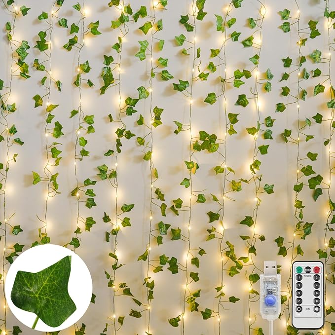 suddus Vines with Light for Bedroom, 200 LED Fairy Lights with Vines, Ivy Curtain Lights for Dorm, Wedding, Party, Wall, Indoor, Outdoor Decor, 6.5ft x 6.5ft-Ruum Studio Home
