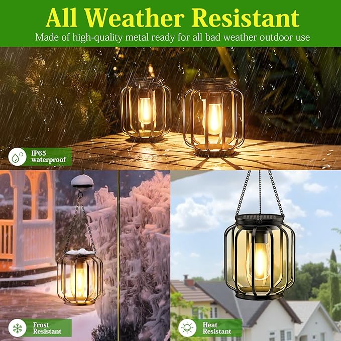 Solar Hanging Lanterns Outdoor: 2 Pack Metal Solar Hanging Lights with Hook, Bright - Warm Waterproof LED Lanterns for Outside, Classic Decorative Solar-Powered Light for Yard Garden Patio Porch Decor-Ruum Studio Home