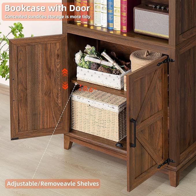 70in Tall Bookshelf 5 Tier Bookcase with Barn Doors and Adjustable Shelves, Brown Farmhouse Book Shelf with Storage Cabinet, Wood Freestanding Display Bookshelves for Bedroom, Living Room-Ruum Studio Home