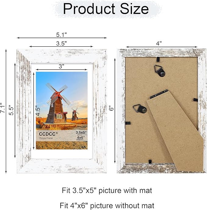 4x6 Picture Frame Set of 4, 4 x 6 Wood Photo Frames with Mat for 3.5x5, Rustic Natural Wooden Frame with Real Glass Cover for Wall and Tabletop Display,Distressed White-Ruum Studio Home