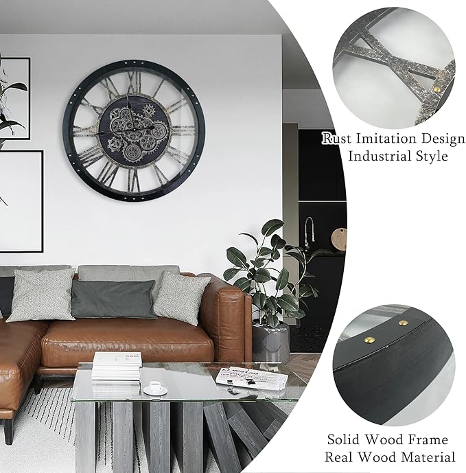 30 Inch Industrial Steampunk Wall Clock, Oversized Solid Wood Frame, Battery Operated, Large Wall Clock with Real Rotating Gears, Black-Ruum Studio Home
