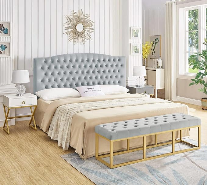 24KF Upholstered Tufted Button Velvet Headboard,Comfortable Fashional Headboard King/CA King Size,Gray-Ruum Studio Home