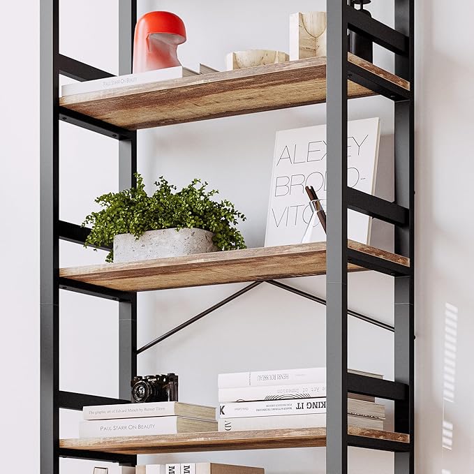 IRONCK Bookshelves and Bookcases, 31.5in Wide Shelf 5-Tier Ladder Shelf 110lbs/shelf Vintage Industrial Style Bookcase for Bedroom Living Room Home, Rustics Brown-Ruum Studio Home
