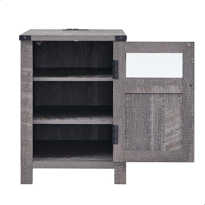 JXQTLINGMU Farmhouse End Table with Charging Station, 18'' Rustic Nightstand with Barn Door & Adjustable Shelf, Wooden Sofa Side Table with 3-Tier Storage for Living Room, Bedroom, Gray-Ruum Studio Home