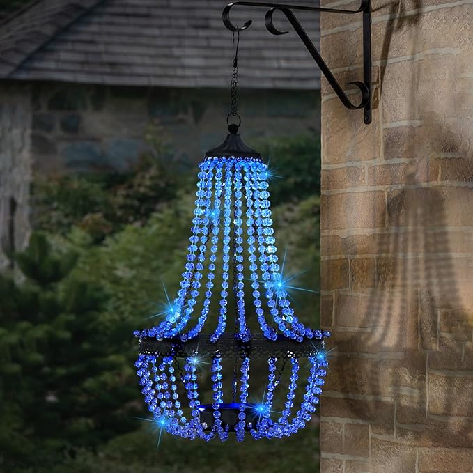Hanging Solar Chandelier Outdoor, 30 Blue Lights Acrylic Clear Beaded Chandelier with S Hooks Modern Lantern for Garden Yard Patio Gazebo Decorations, 28”H-Ruum Studio Home