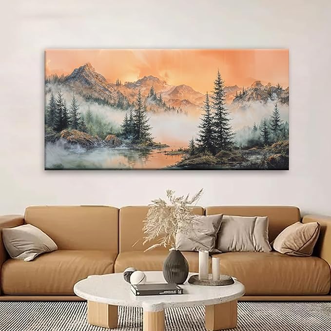 Mountain Wall Art For Living Room Large Size Canvas Art Wall Decor For Office Modern Bedroom Decorations Forest River Landscape Pictures Paintings Artwork Wall Mural Aesthetic Artwork 29 X 58 In-Ruum Studio Home