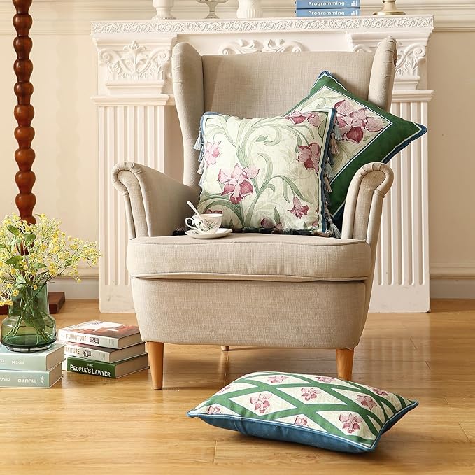 patdrea Designer Throw Pillow Covers Set of 4,French Elegant Green Linen with Iris Floral Collection Pattern Pillow Covers,Decorative Lumbar Square Round Pillowcases Cushion for Bed Living Room-Ruum Studio Home