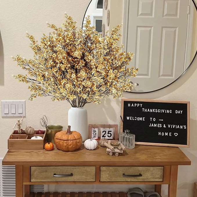 Sggvecsy 15 Pcs Babys Breath Artificial Flowers Gypsophila Bouquets Bulk Real Touch Fake Silk Flowers for Home Wedding DIY Floral Arrangement Kitchen Table Centerpiece Christmas Decoration (Gold)-Ruum Studio Home