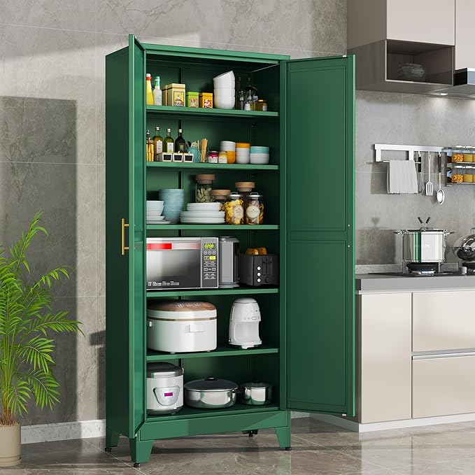 Green Metal Storage Cabinet,75" Steel Cabinets for Home Office, Kitchen Pantry Storage Cabinet with Doors and 5 Adjustable Shelves, Tool Cabinets, for Office, Home, Garage, School-Ruum Studio Home
