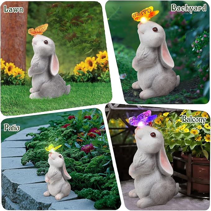 Garden Statue Outdoor Decor-Rabbit with Solar Butterfly Changing Lights Garden Statues,Bunny Statue for Patio,Balcony,Yard,Lawn Ornament,Gardening Gifts for Mom Grandma-Ruum Studio Home