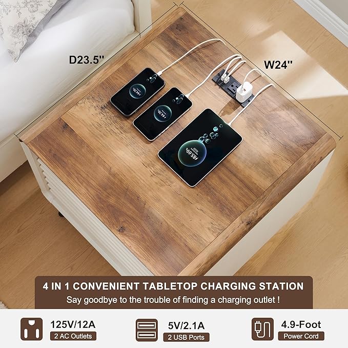 RedLemon 24" Nightstand Set of 2 with Charger Station, Mid Century Modern Fluted End Table with 2 Drawers，Wooden Side Table with Open Cubby Storage for Living Room, Bedroom, Office (Antuique White)-Ruum Studio Home