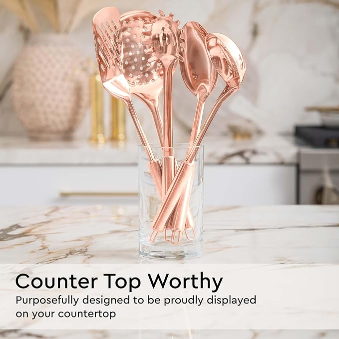 Copper Cooking Utensils Set – 5-Piece Rose Gold Stainless Steel Kitchen Tools for Cooking and Serving Includes Ladle, Spoon, Pasta Fork, Spatula, and Skimmer – Stylish Copper Kitchen Accessories-Ruum Studio Home