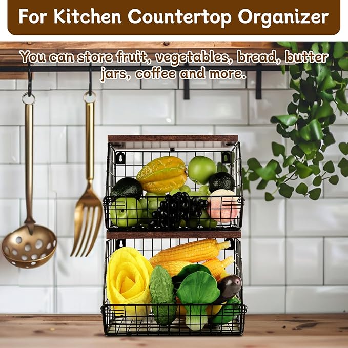 CYEAH 2 Pcs Stackable Fruit Basket for Kitchen, Hanging Wall Fruit Basket with Wood Lid, Space Saving Wall Mounted Mesh Metal Wire Baskets, Kitchen Counter Organizer for Snack, Onion, Potato Storage-Ruum Studio Home