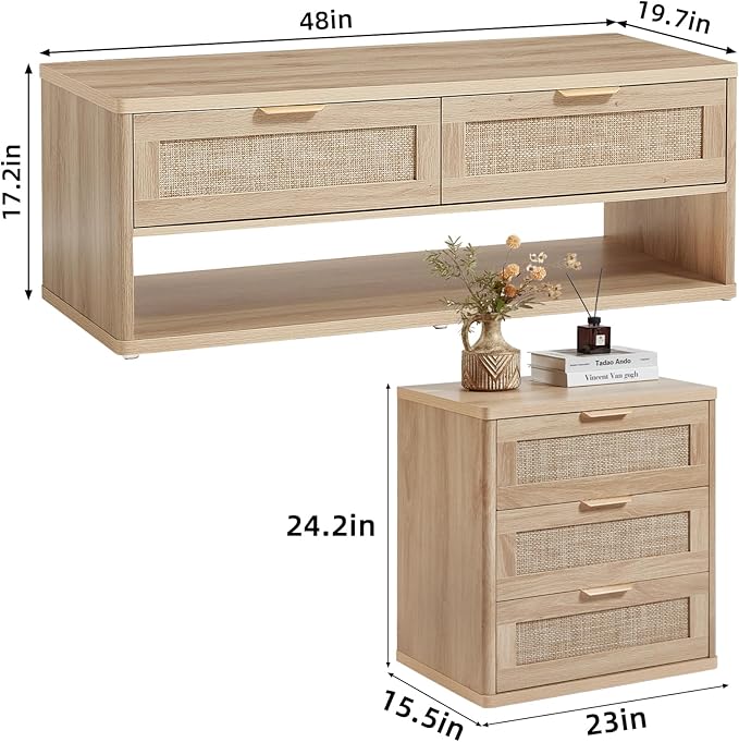 LEYAOYAO Boho Rattan Coffee Table and End Table Sets, 48" Wide Center Tables & 23" Night Stand with 3 Drawers, Natural Wood Coffee Table for Living Room 3 Piece Set-Ruum Studio Home