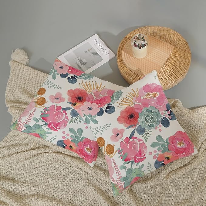 CXMEIFLY Spring Floral Pillow Covers 22 x 22 Inch Set of 2 for Watercolor Pink Flowers Decor Throw Pillows Green Leaves Plant Outdoor Decorative Cushion Cases with Zipper for Couch Bed Decorations-Ruum Studio Home