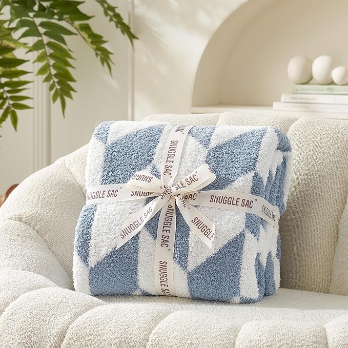 Snuggle Sac Chevron Throw Blanket for Couch, Reversible Super Soft Warm Blankets Cozy Knit Fuzzy Plush Lightweight Throws for Sofa, Bed, Camping, Blue, 50x60 inches-Ruum Studio Home