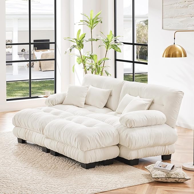Loveseat Modular Sectional Sofa, U Shaped Couch with Ottoman, Cloud Couch Sectional Couch Home Sofa Living Room Oversized Couch Deep Seat Couch with Round Bolster Armrests 4 Pillows(White)-Ruum Studio Home